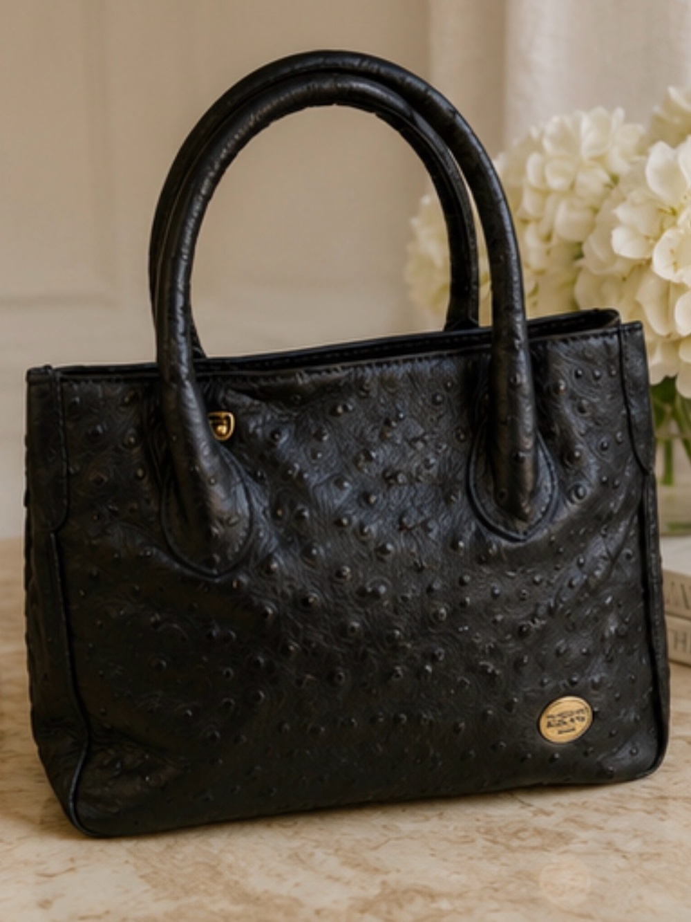 Vintage Francesco Rogani Roma Black Ostrich Leather Satchel Bag